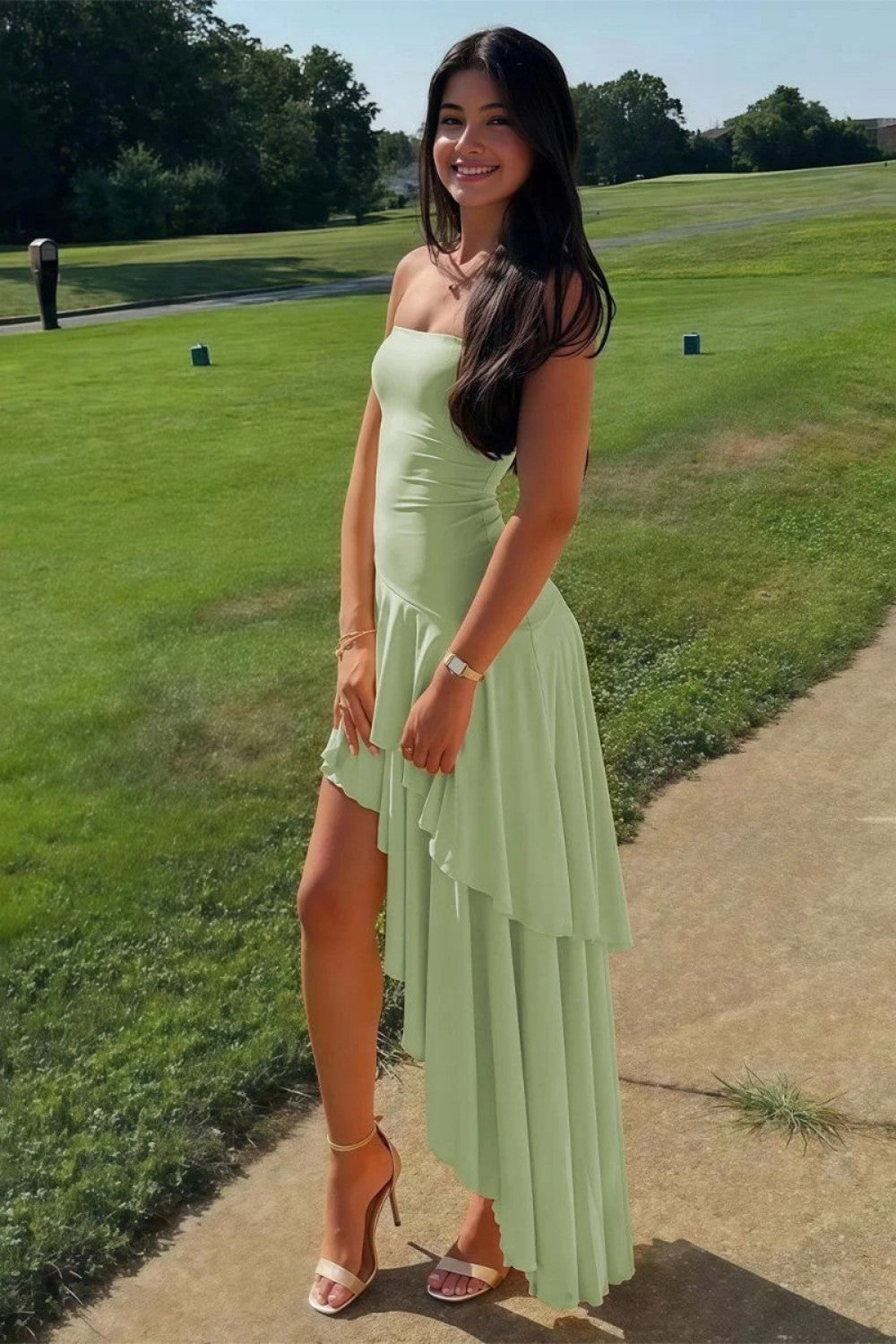 Charming Asymmetrical Strapless Blue Long Prom Dress with Ruffles