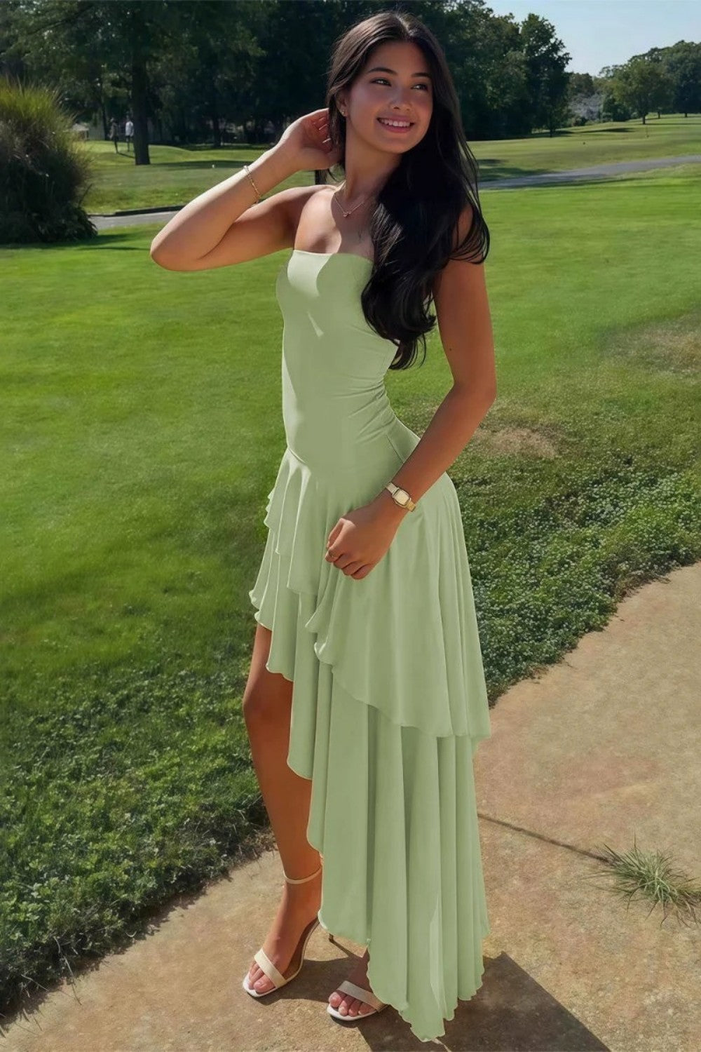 Charming Asymmetrical Strapless Blue Long Prom Dress with Ruffles