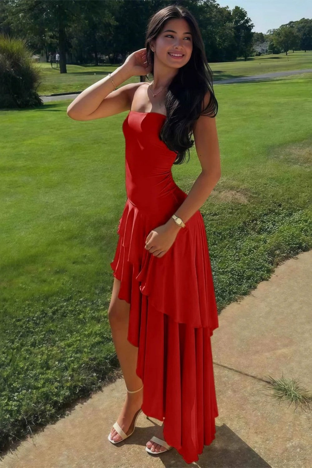 Charming Asymmetrical Strapless Blue Long Prom Dress with Ruffles
