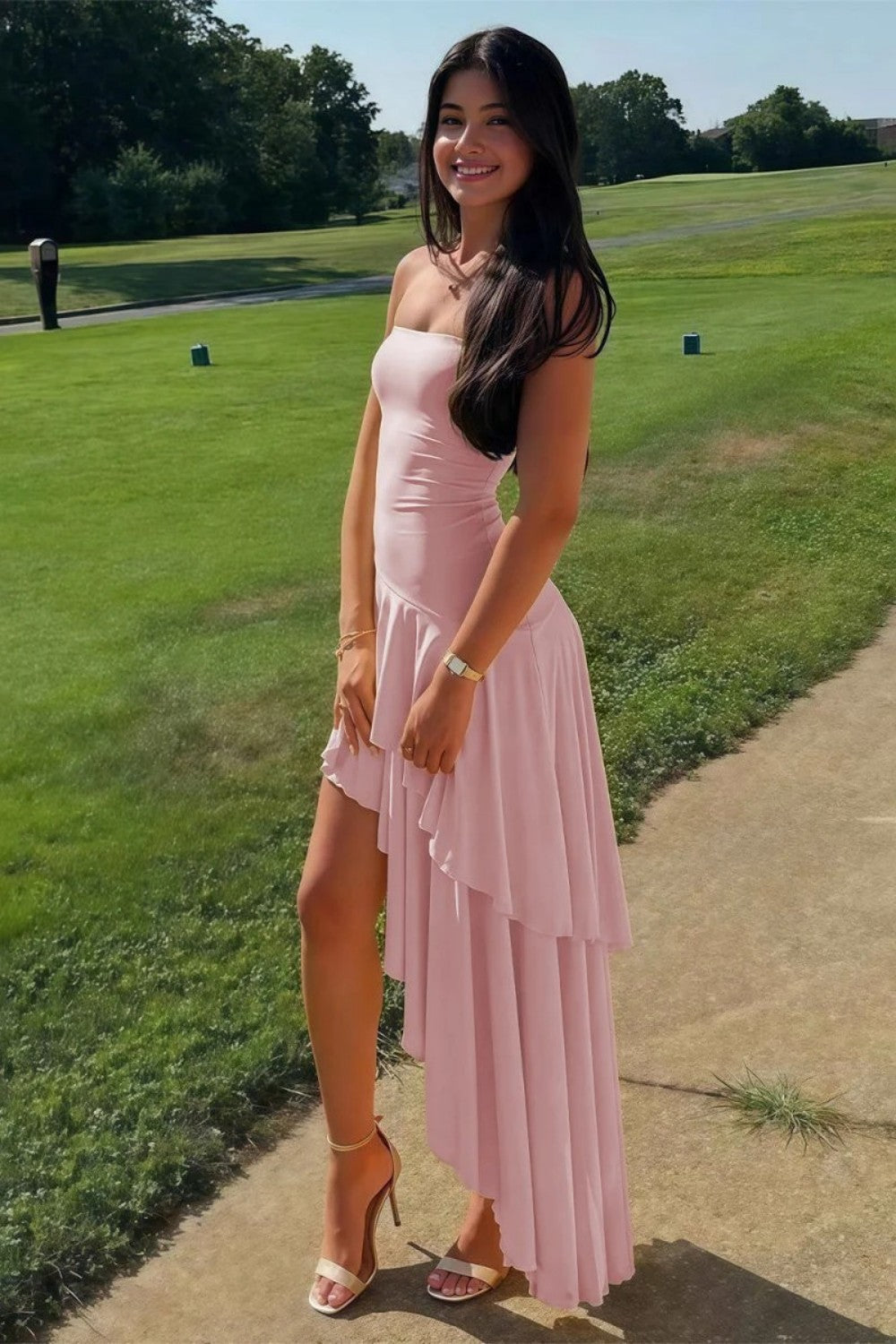 Charming Asymmetrical Strapless Blue Long Prom Dress with Ruffles