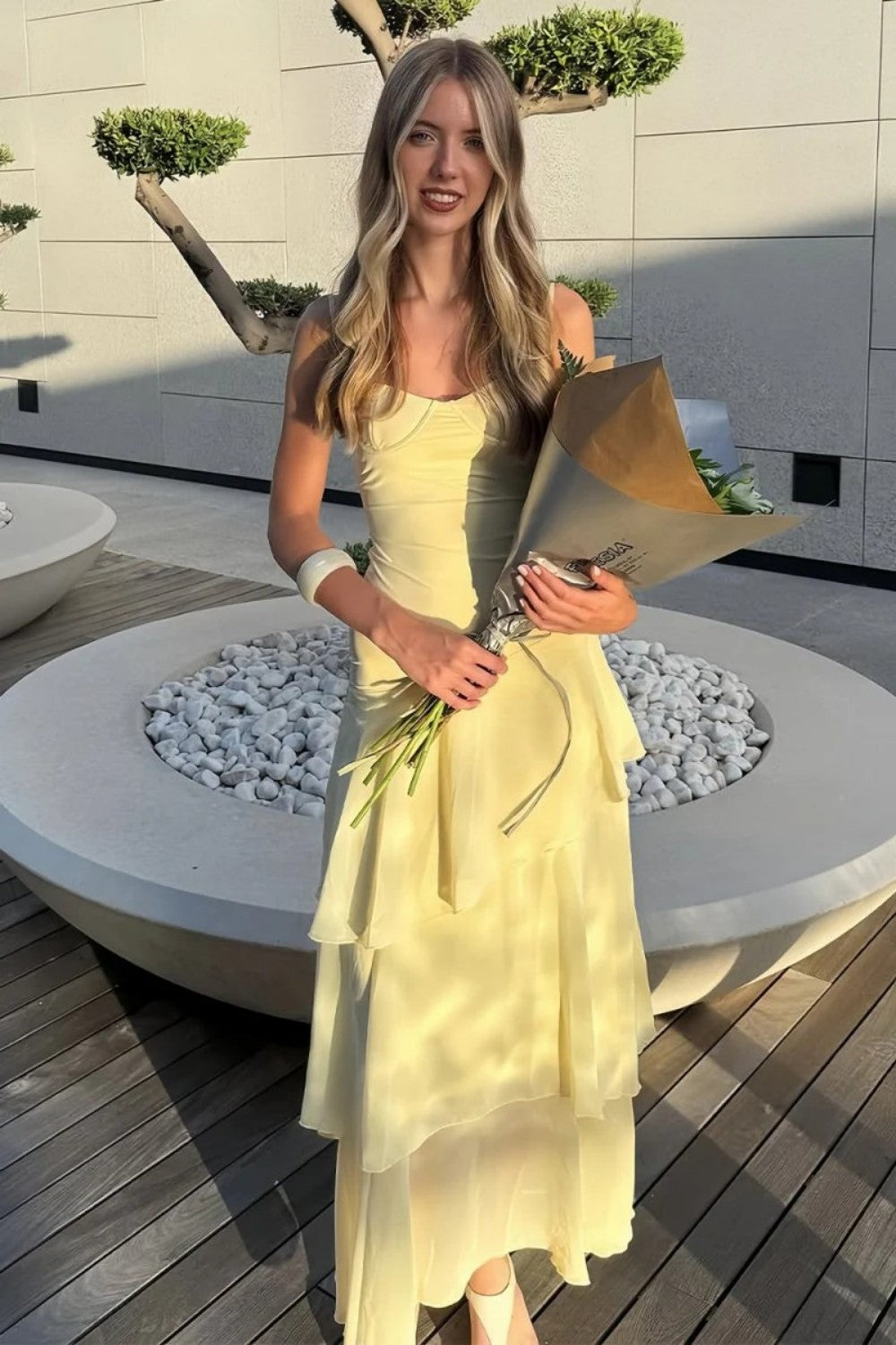 Charming  Spaghetti Straps Yellow Long Prom Dress with Ruffles