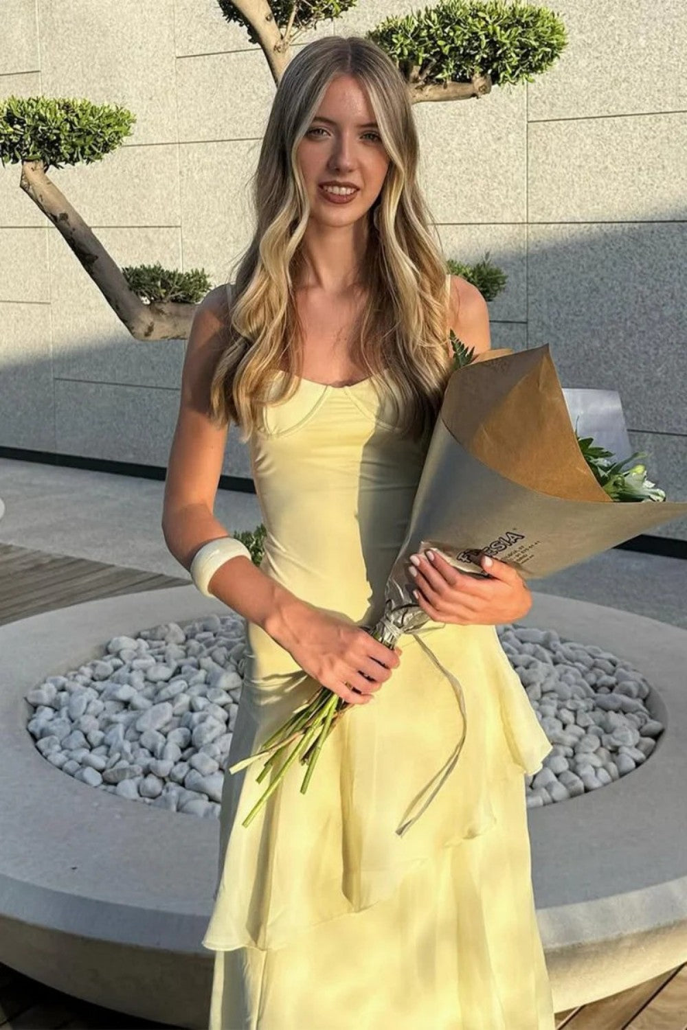 Charming  Spaghetti Straps Yellow Long Prom Dress with Ruffles