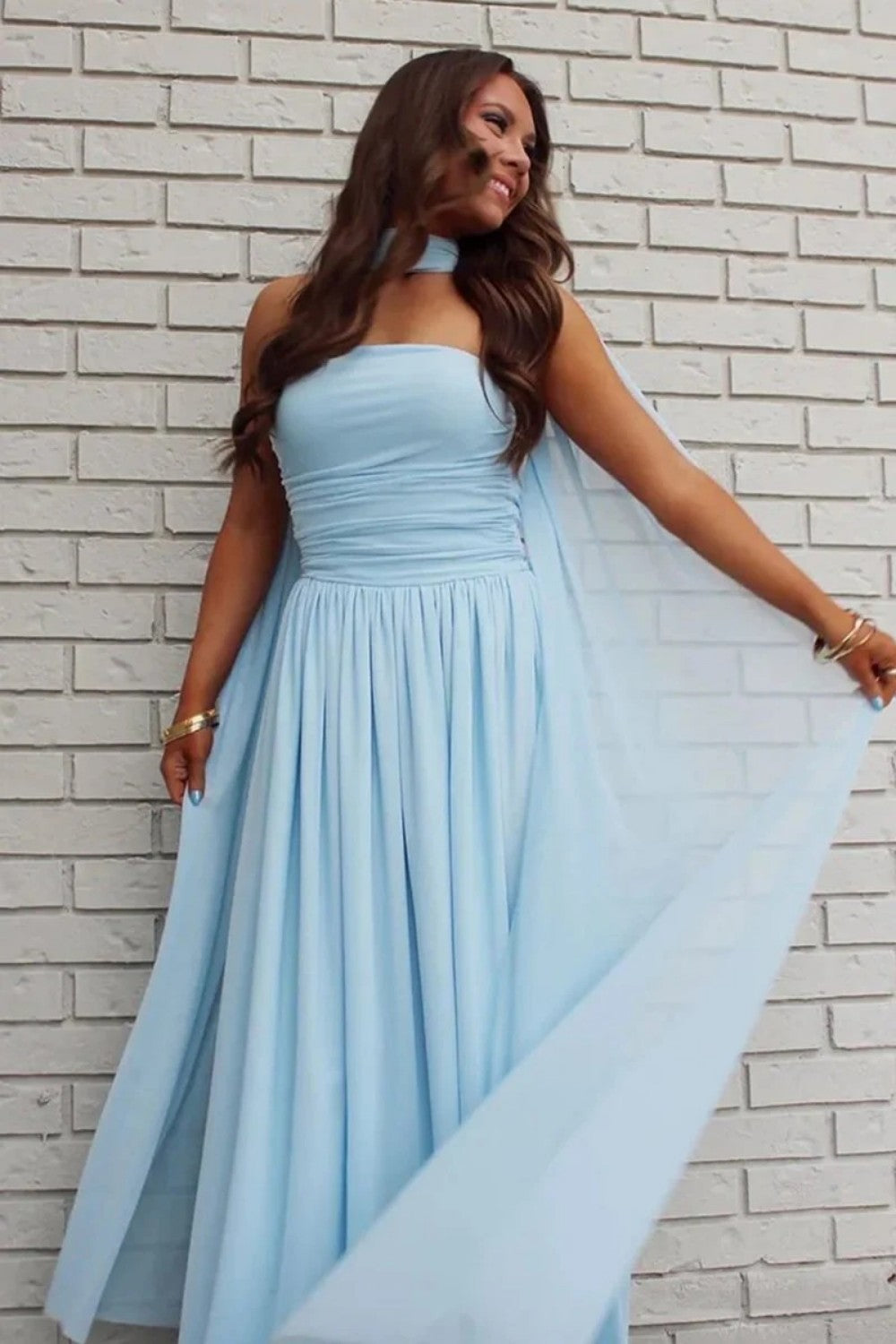 Charming A Line Strapless Blue Long Prom Dress with Scarf