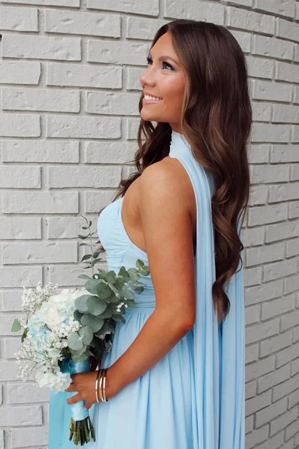 Charming A Line Strapless Blue Long Prom Dress with Scarf