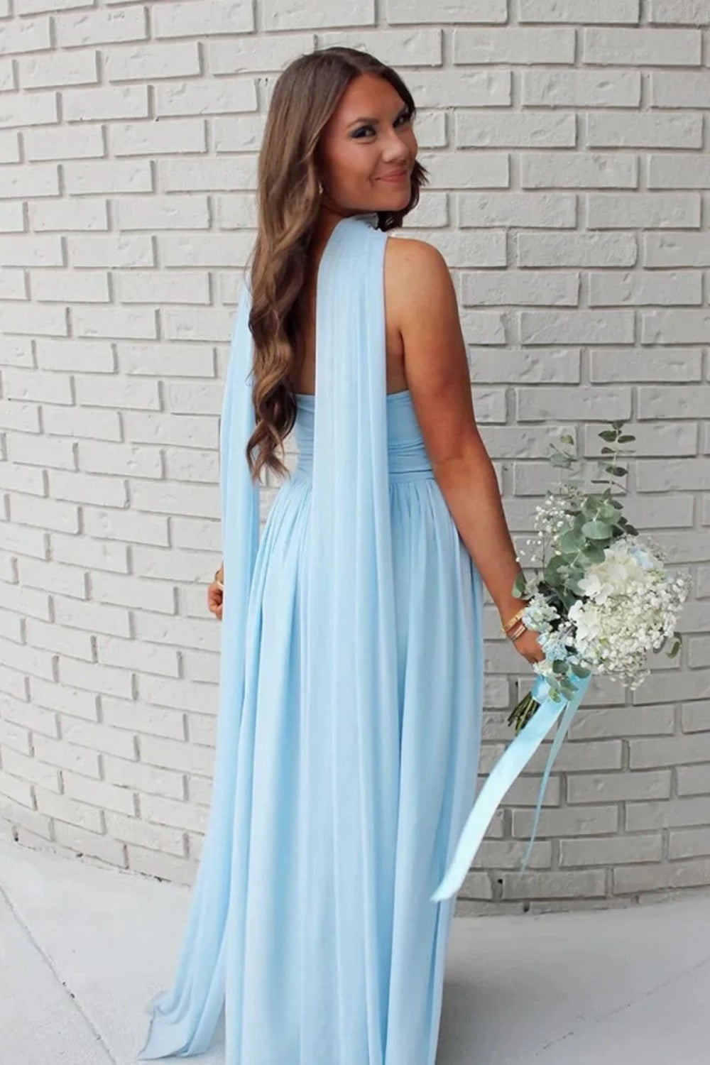 Charming A Line Strapless Blue Long Prom Dress with Scarf