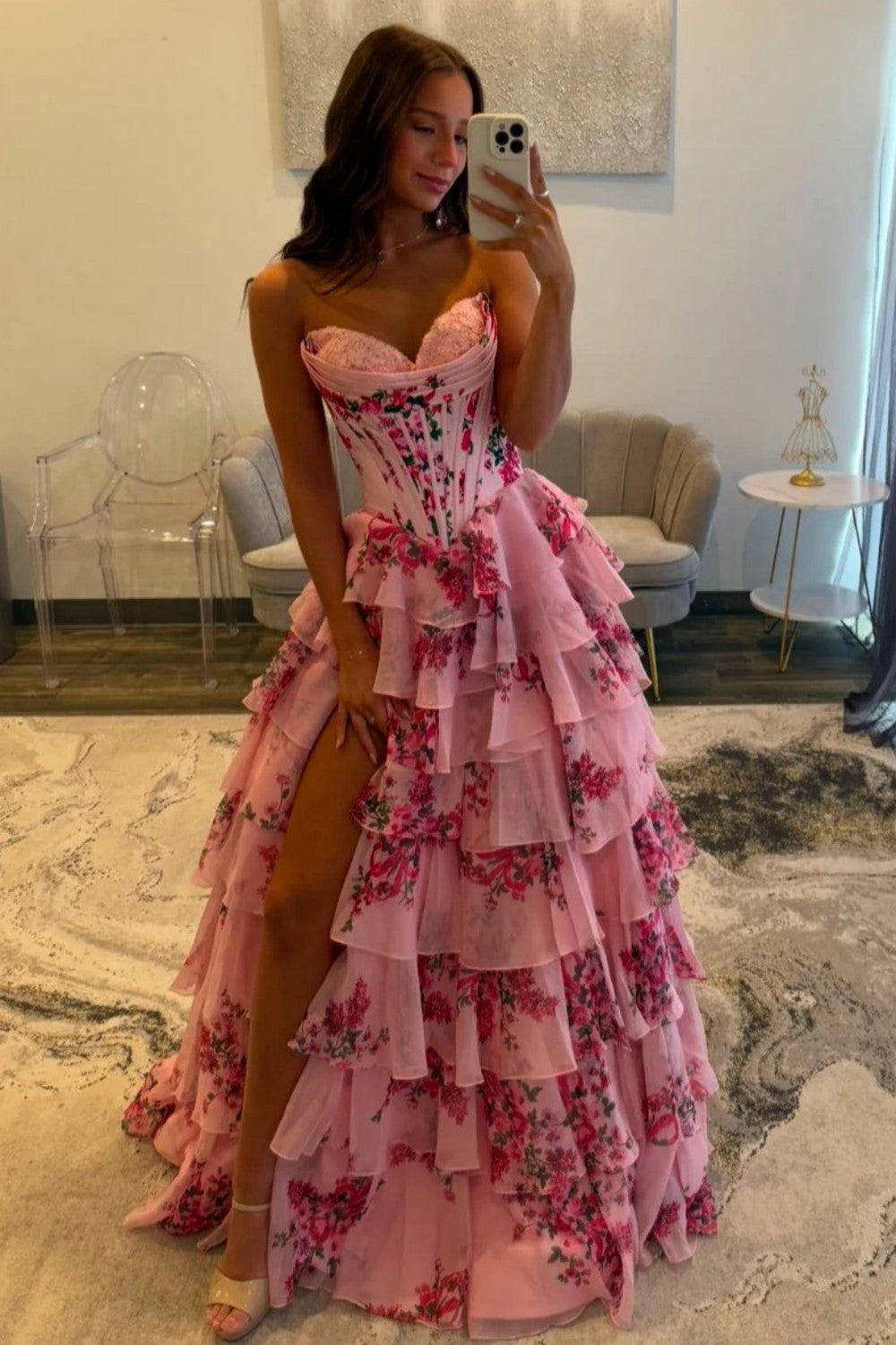 Charming Blue Floral Sweetheart Corset Prom Dress with Layered Ruffle Skirt