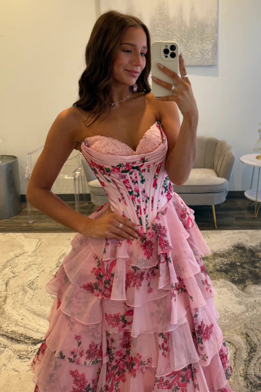 Charming Blue Floral Sweetheart Corset Prom Dress with Layered Ruffle Skirt