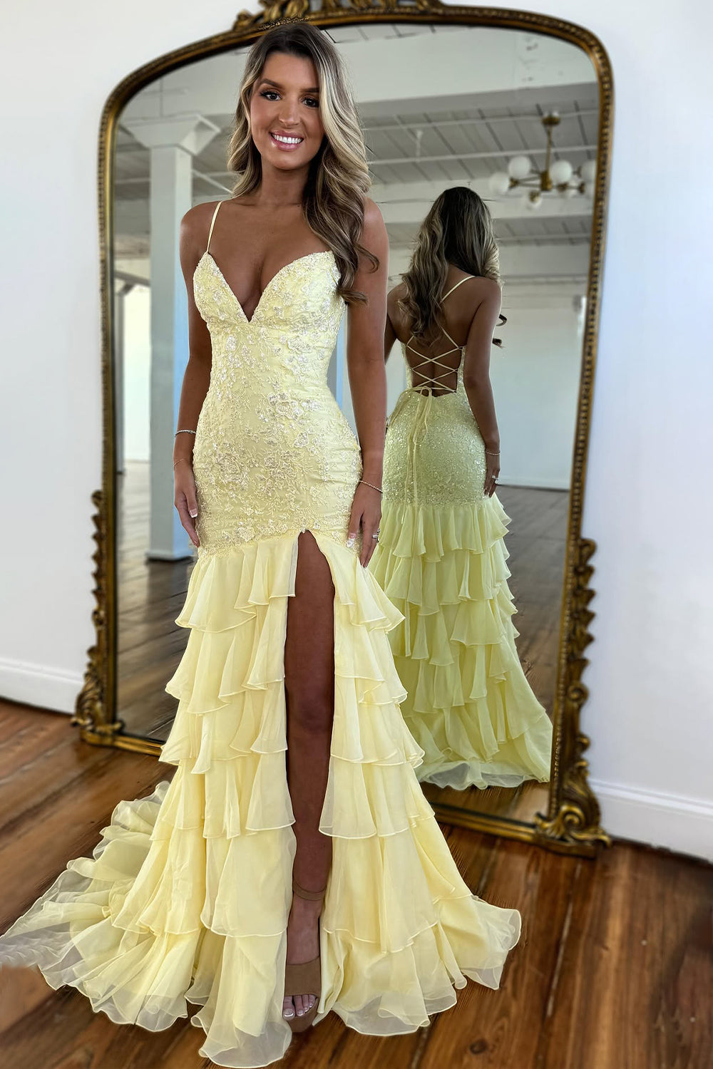 Charming Lilac Mermaid Spaghetti Straps Lace Up Long Prom Dress with Ruffle Skirt