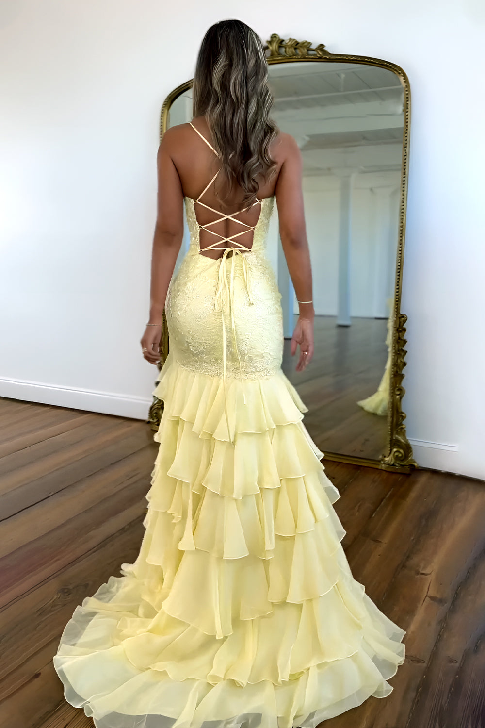 Charming Lilac Mermaid Spaghetti Straps Lace Up Long Prom Dress with Ruffle Skirt