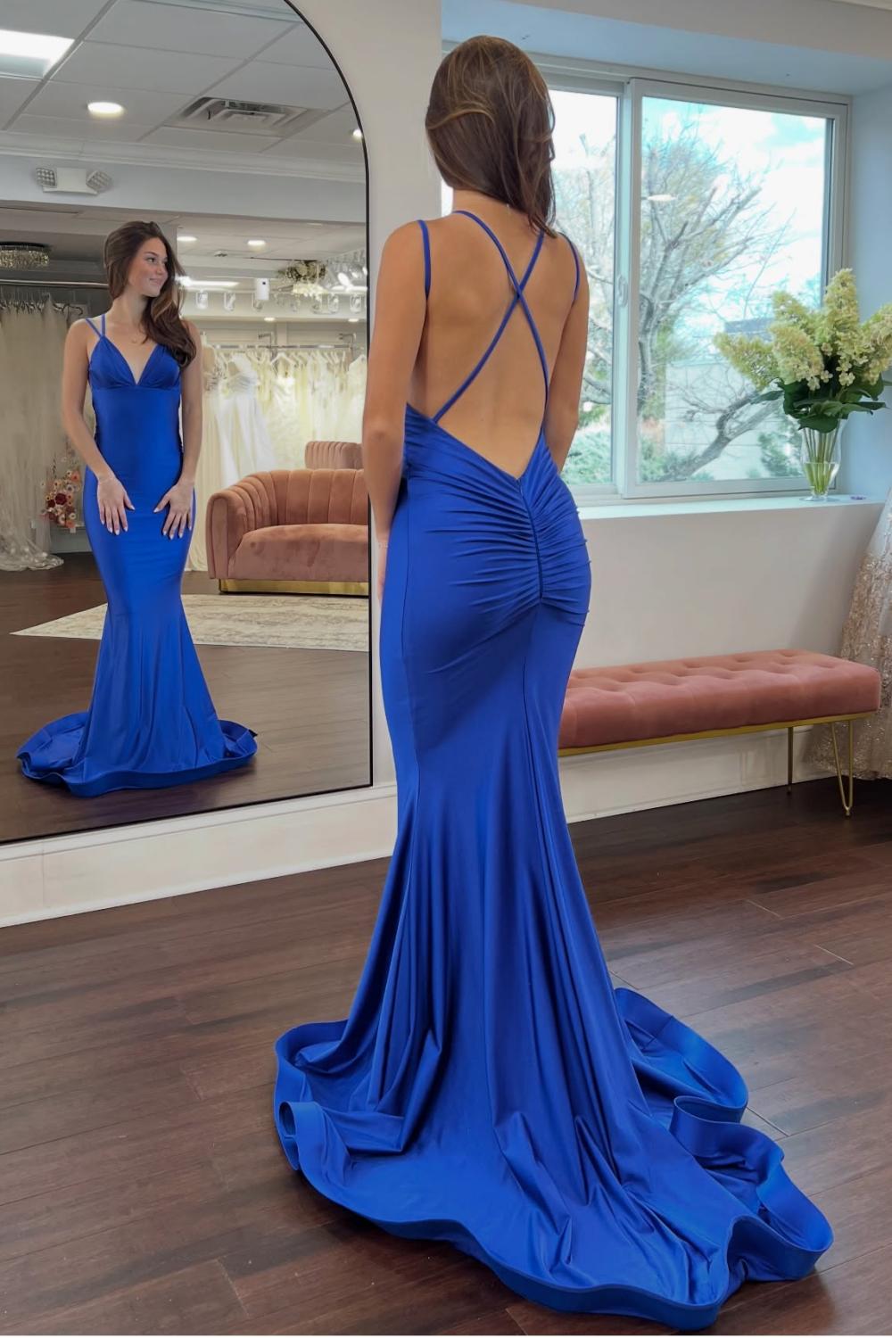 Charming Mermaid Spaghetti Straps Royal Blue Long Prom Dress with Backless