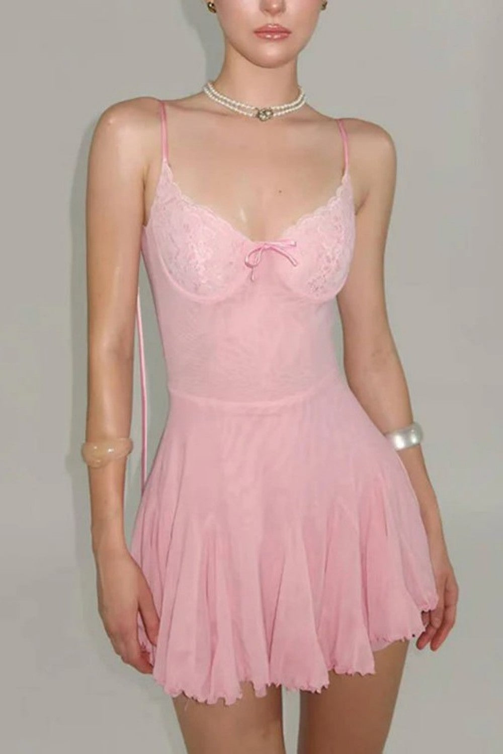 Charming Pink Homecoming Dress with Lace Bust Bow Front and Flowy Skirt