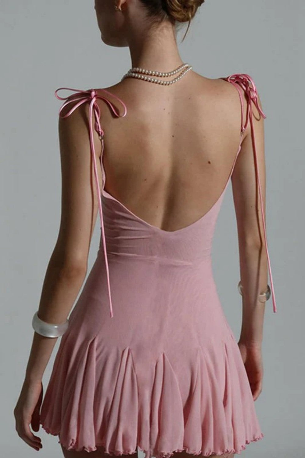 Charming Pink Homecoming Dress with Lace Bust Bow Front and Flowy Skirt