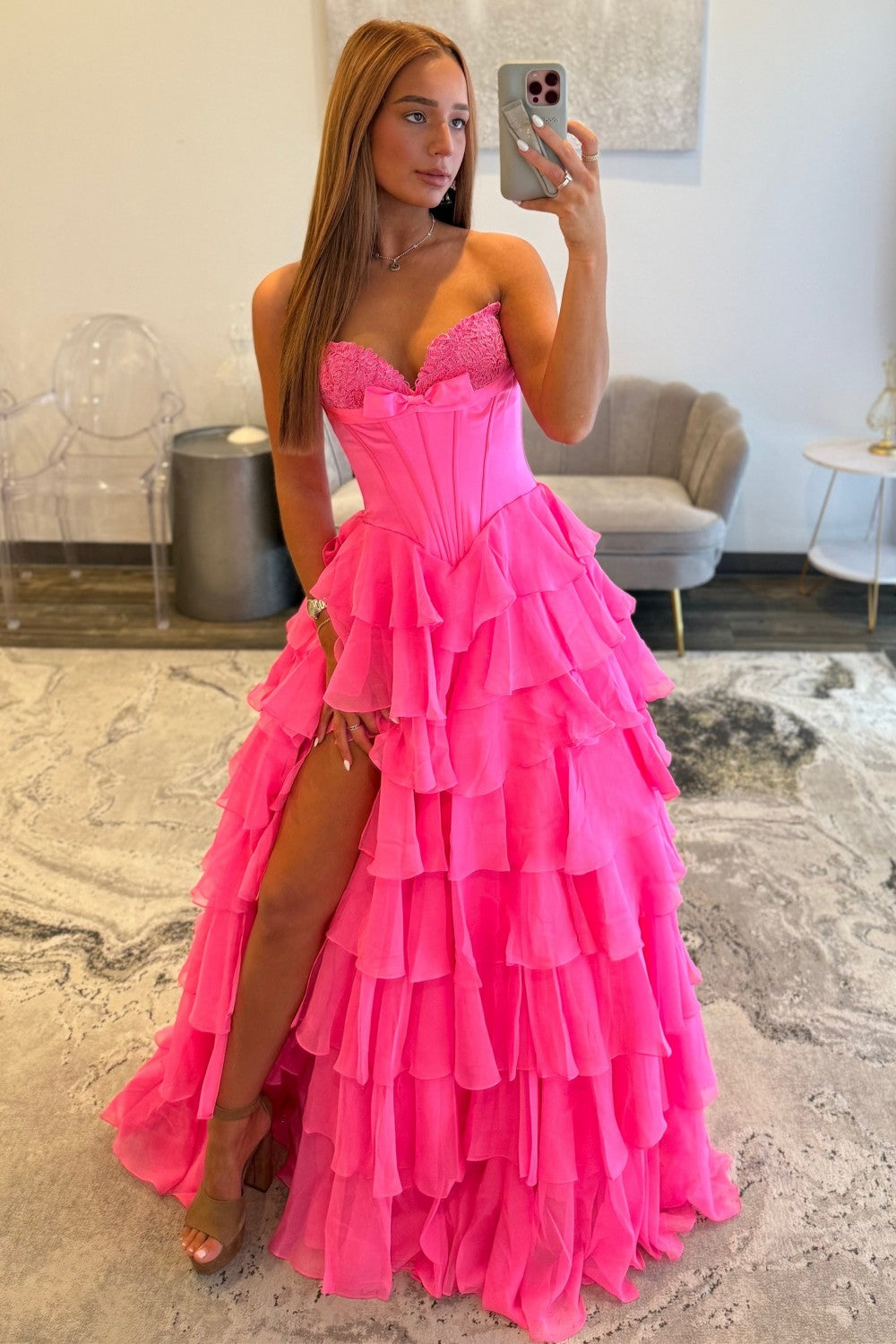 Chic Hot Pink Sweetheart A-Line Prom Gown With Tiered Ruffles and Corset Bodice