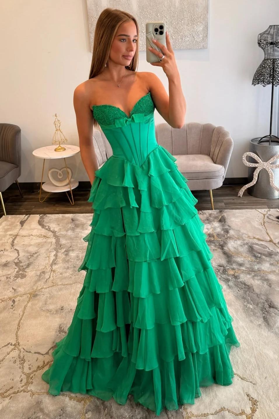 Chic Hot Pink Sweetheart A-Line Prom Gown With Tiered Ruffles and Corset Bodice