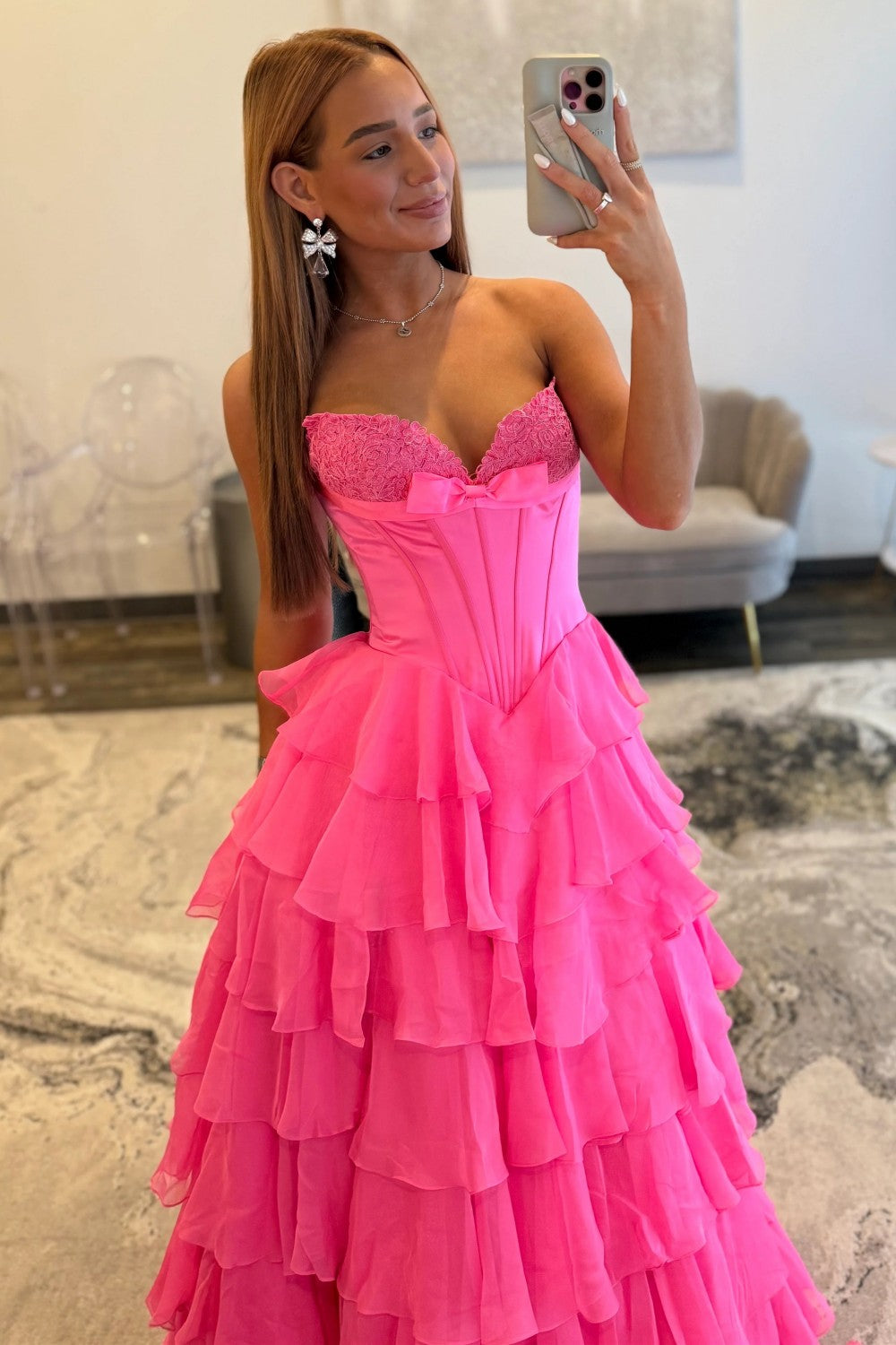 Chic Hot Pink Sweetheart A-Line Prom Gown With Tiered Ruffles and Corset Bodice