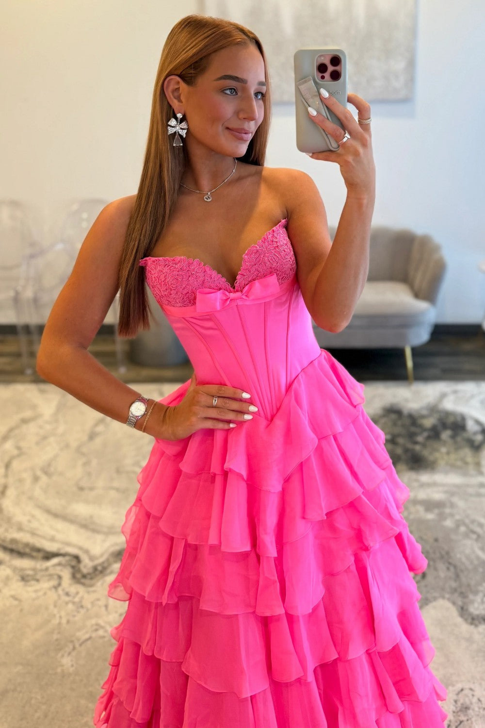 Chic Hot Pink Sweetheart A-Line Prom Gown With Tiered Ruffles and Corset Bodice