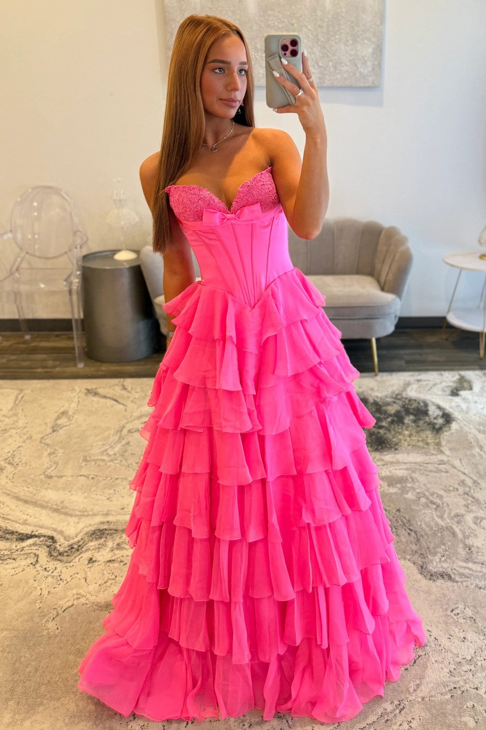 Chic Hot Pink Sweetheart A-Line Prom Gown With Tiered Ruffles and Corset Bodice