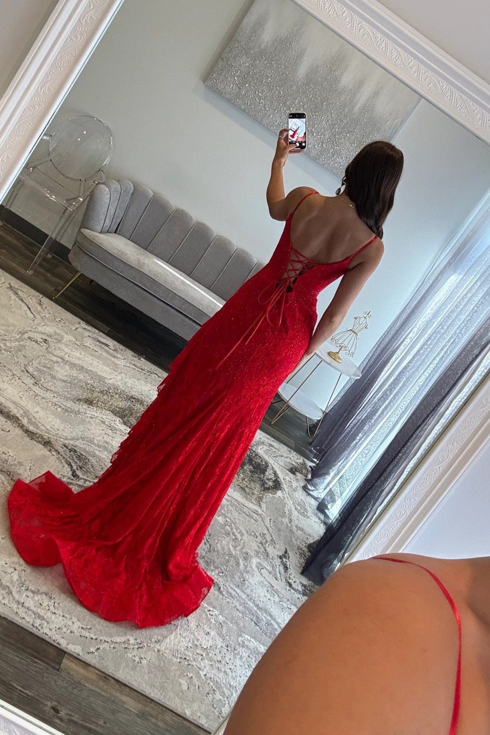Chic Pink Lace Spaghetti Straps Prom Dress with Asymmetric Ruffle Skirt