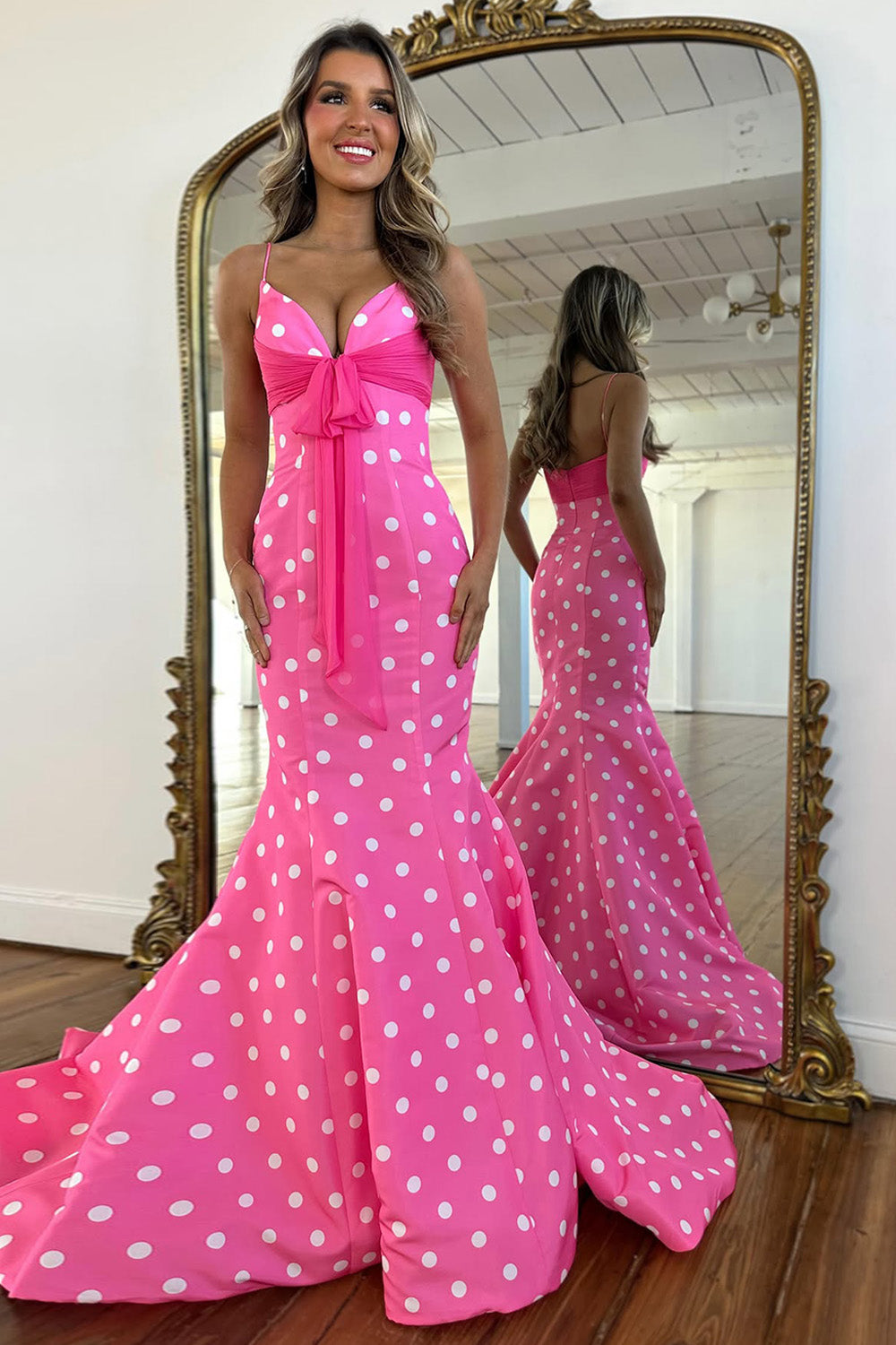 Chic Polka Dot Spaghetti Straps Mermaid Prom Dress with Hot Pink Bow