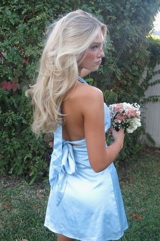 Chic A Line Halter Neck Light Blue Short Homecoming Dress with Open Back
