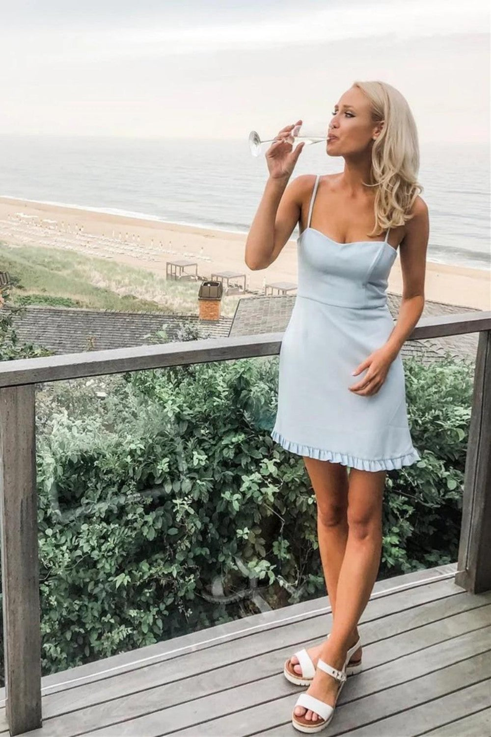 Chic Baby Blue Spaghetti Straps Mini Satin Homecoming Dress