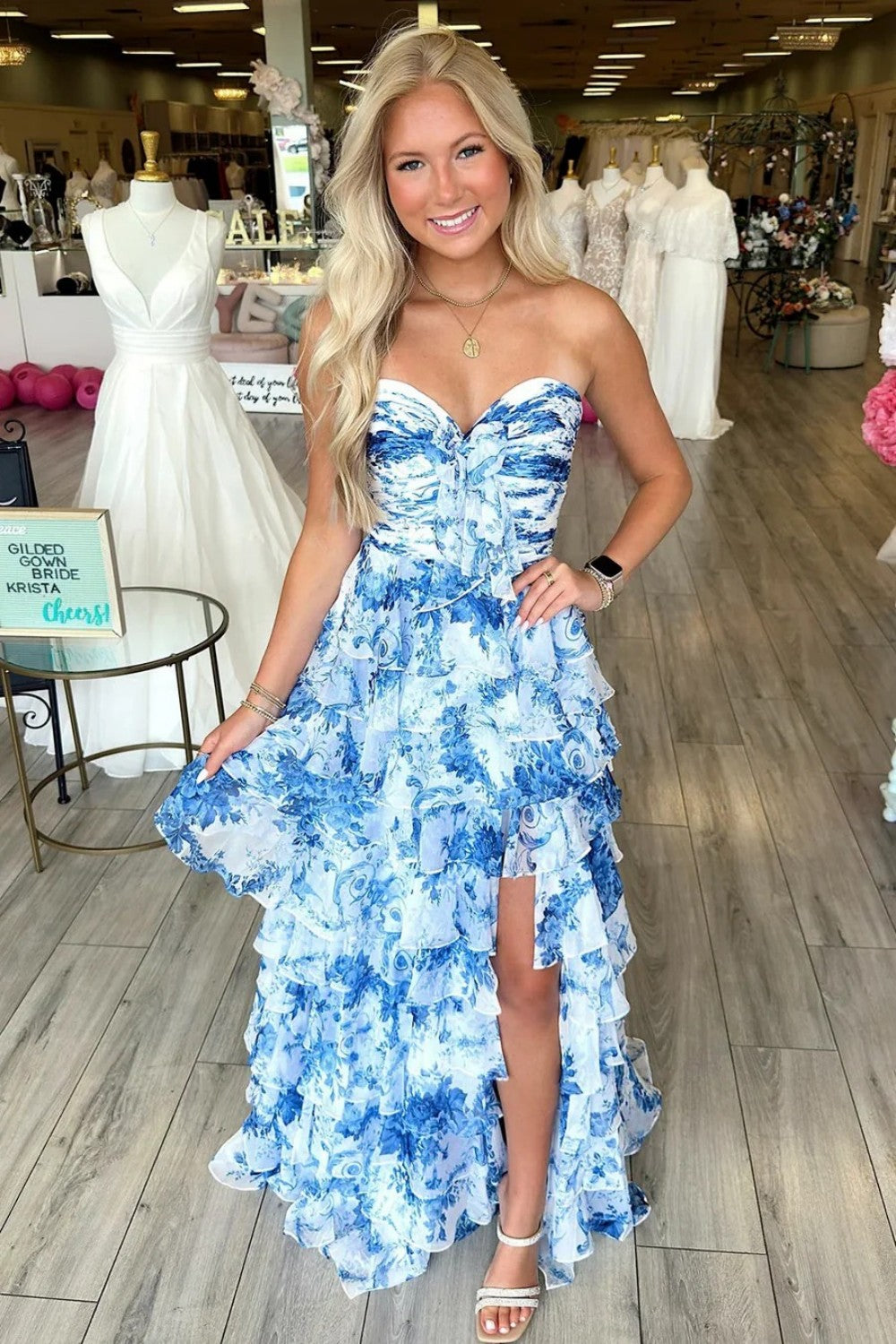 Chic Blue Floral Sweetheart Long Ruffled Chiffon Prom Dress With Slit
