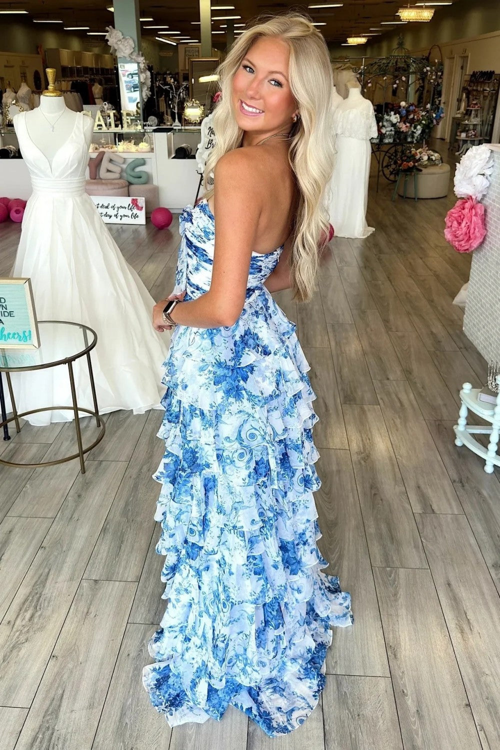 Chic Blue Floral Sweetheart Long Ruffled Chiffon Prom Dress With Slit