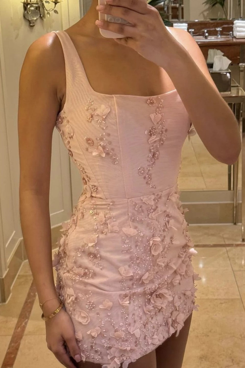 Chic Bodycon Homecoming Dress with Square Neck and 3D Floral Accents