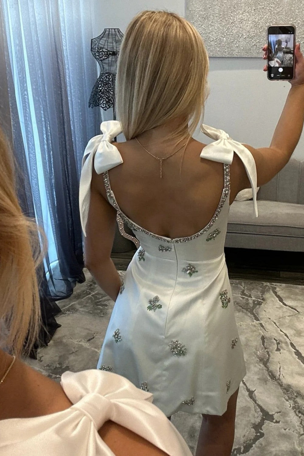 Chic Fit & Flare Homecoming Dress with Rhinestone Floral Embellishments