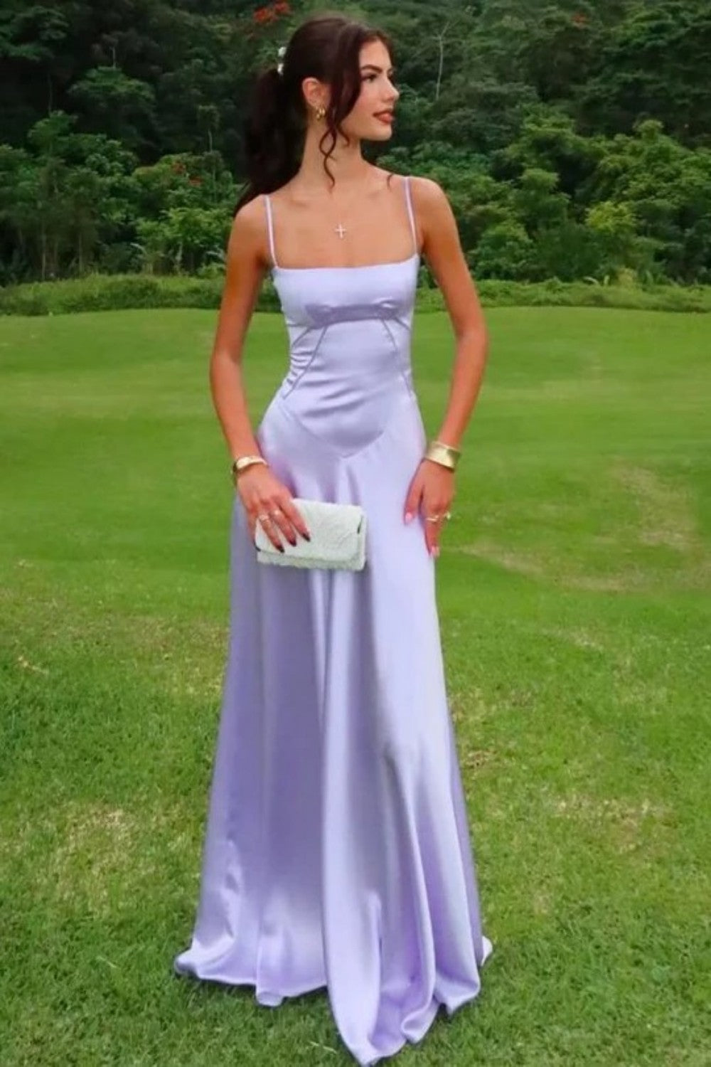 Chic Lavender Spaghetti Straps Lace Up Structured Bodice Evening Dress