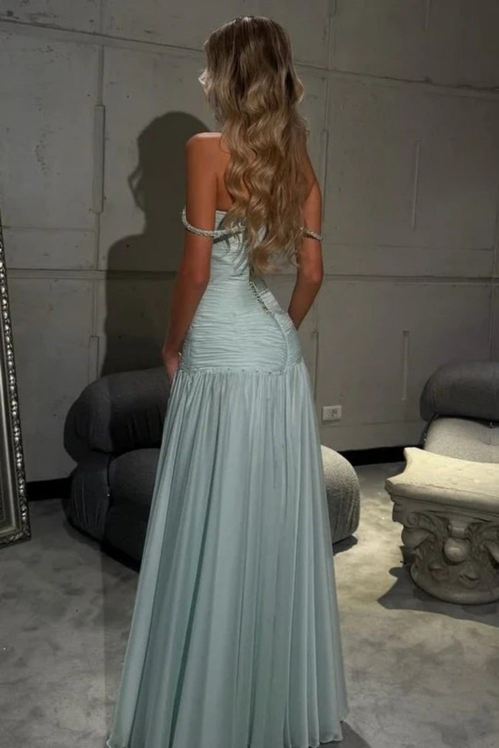 Chic Light Blue Off The Shoulder Evening Dress with Ruched Fit Bodice