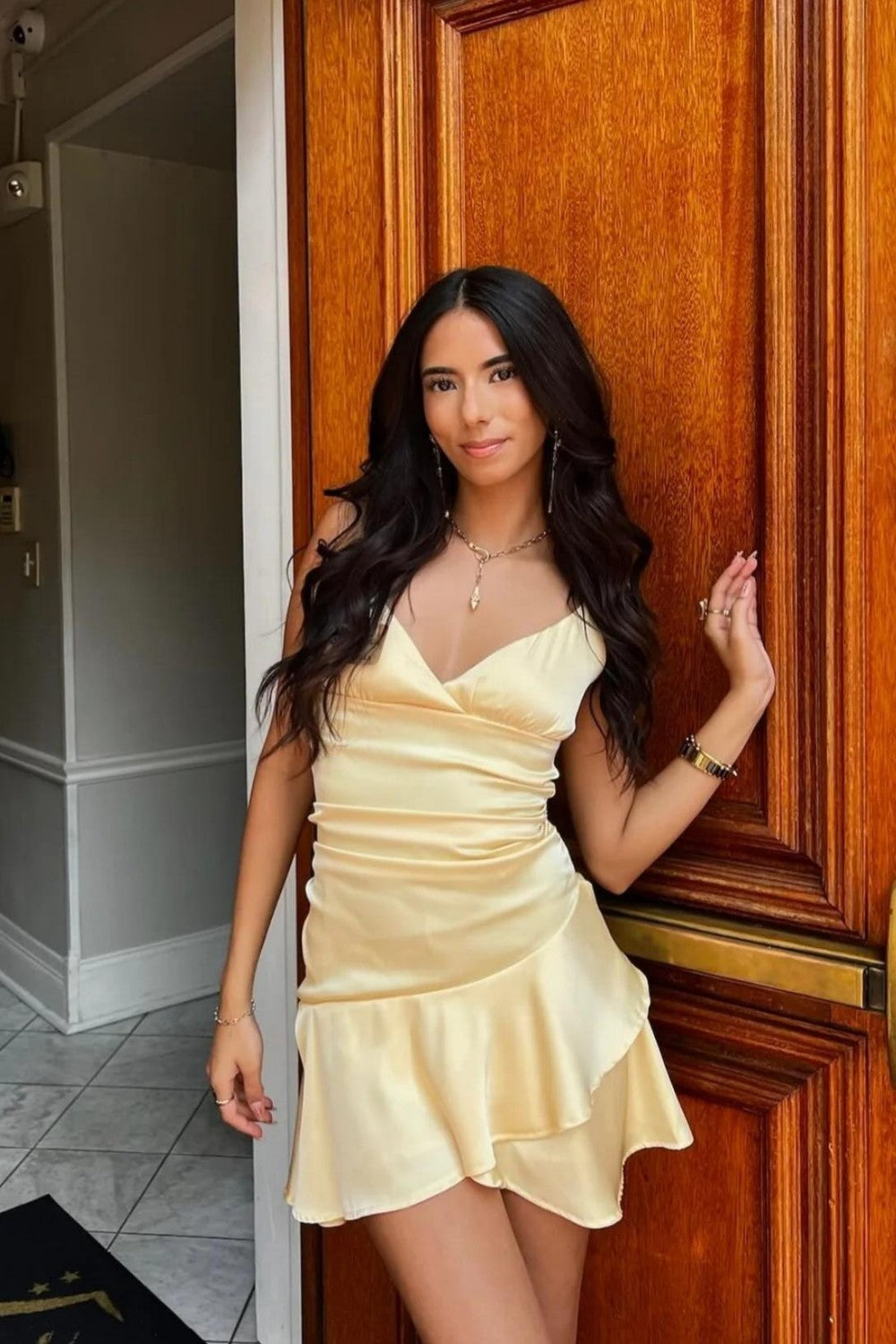 Chic Light Yellow Satin Mini Homecoming Dress with V Neck and Ruffles