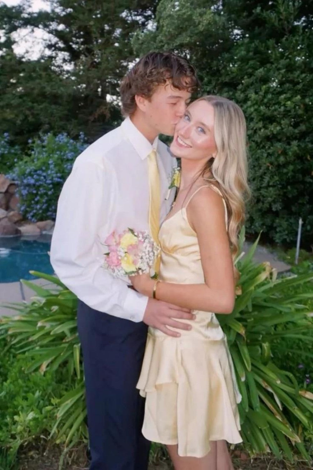 Chic Light Yellow Satin Mini Homecoming Dress with V Neck and Ruffles
