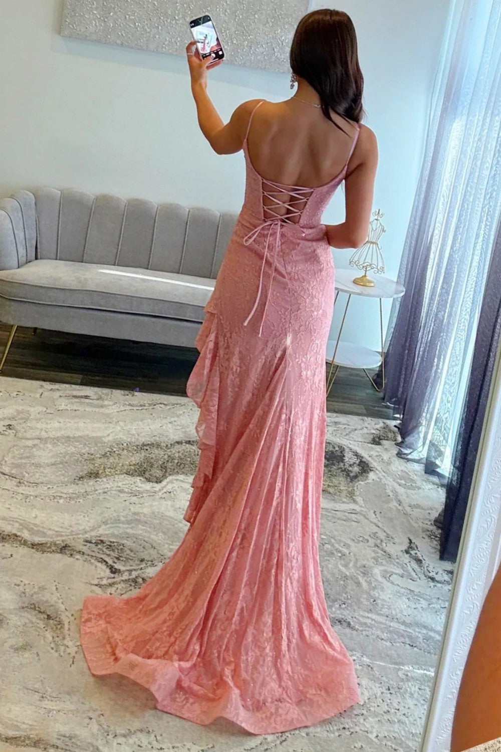 Chic Pink Lace Spaghetti Straps Prom Dress with Asymmetric Ruffle Skirt
