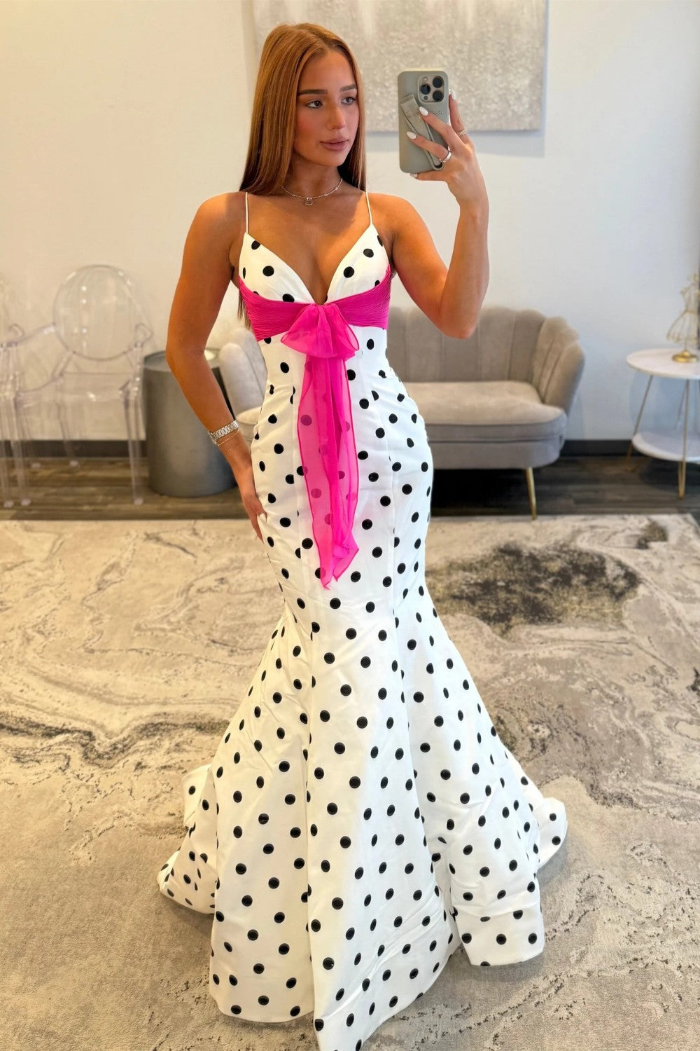 Chic Polka Dot Spaghetti Straps Mermaid Prom Dress with Hot Pink Bow
