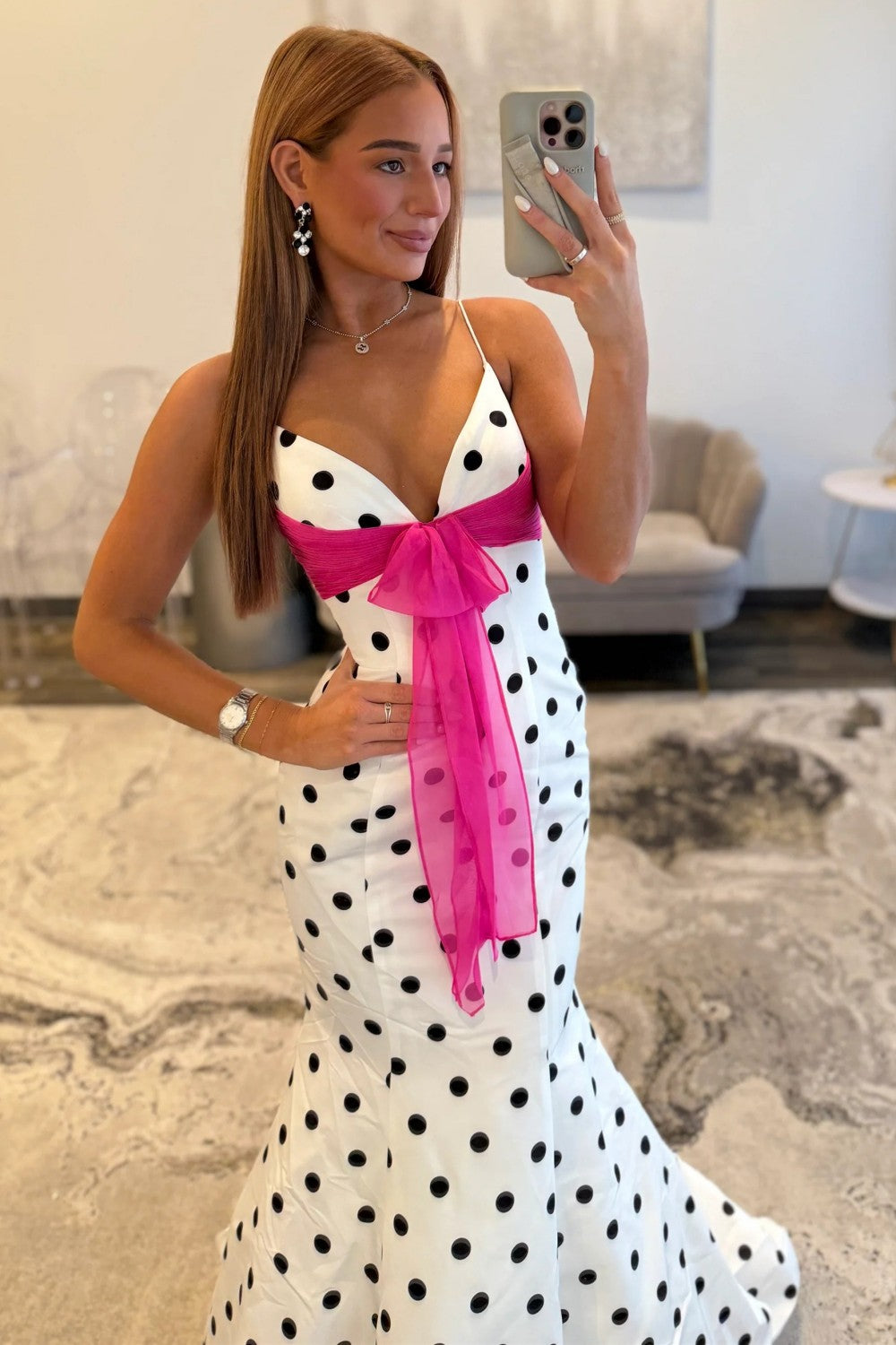 Chic Polka Dot Spaghetti Straps Mermaid Prom Dress with Hot Pink Bow