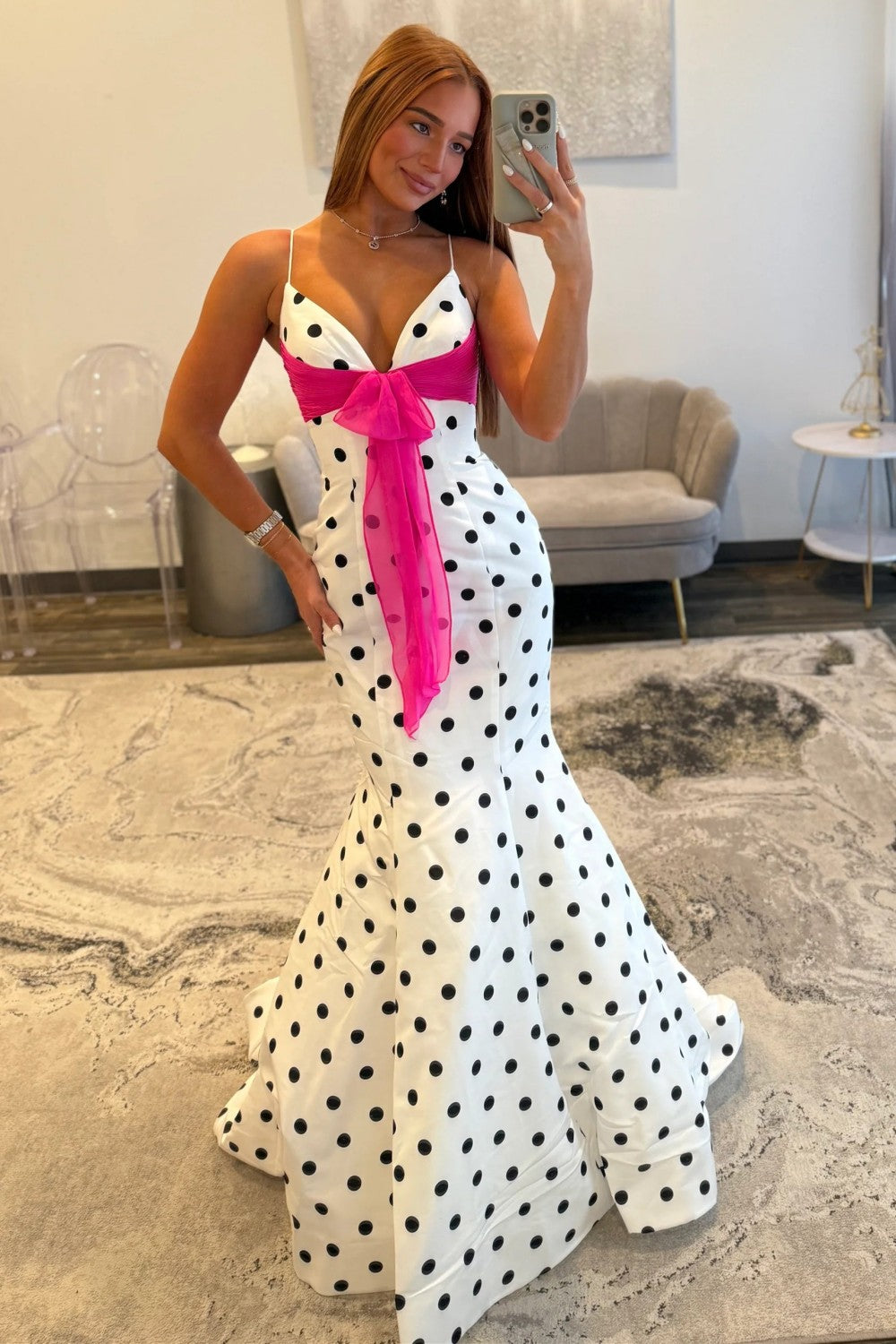 Chic Polka Dot Spaghetti Straps Mermaid Prom Dress with Hot Pink Bow