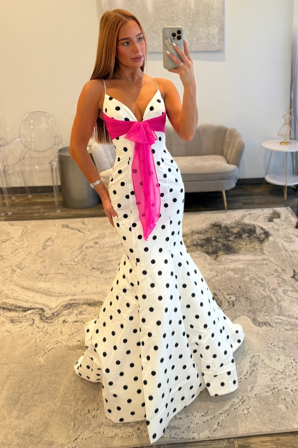 Chic Polka Dot Spaghetti Straps Mermaid Prom Dress with Hot Pink Bow