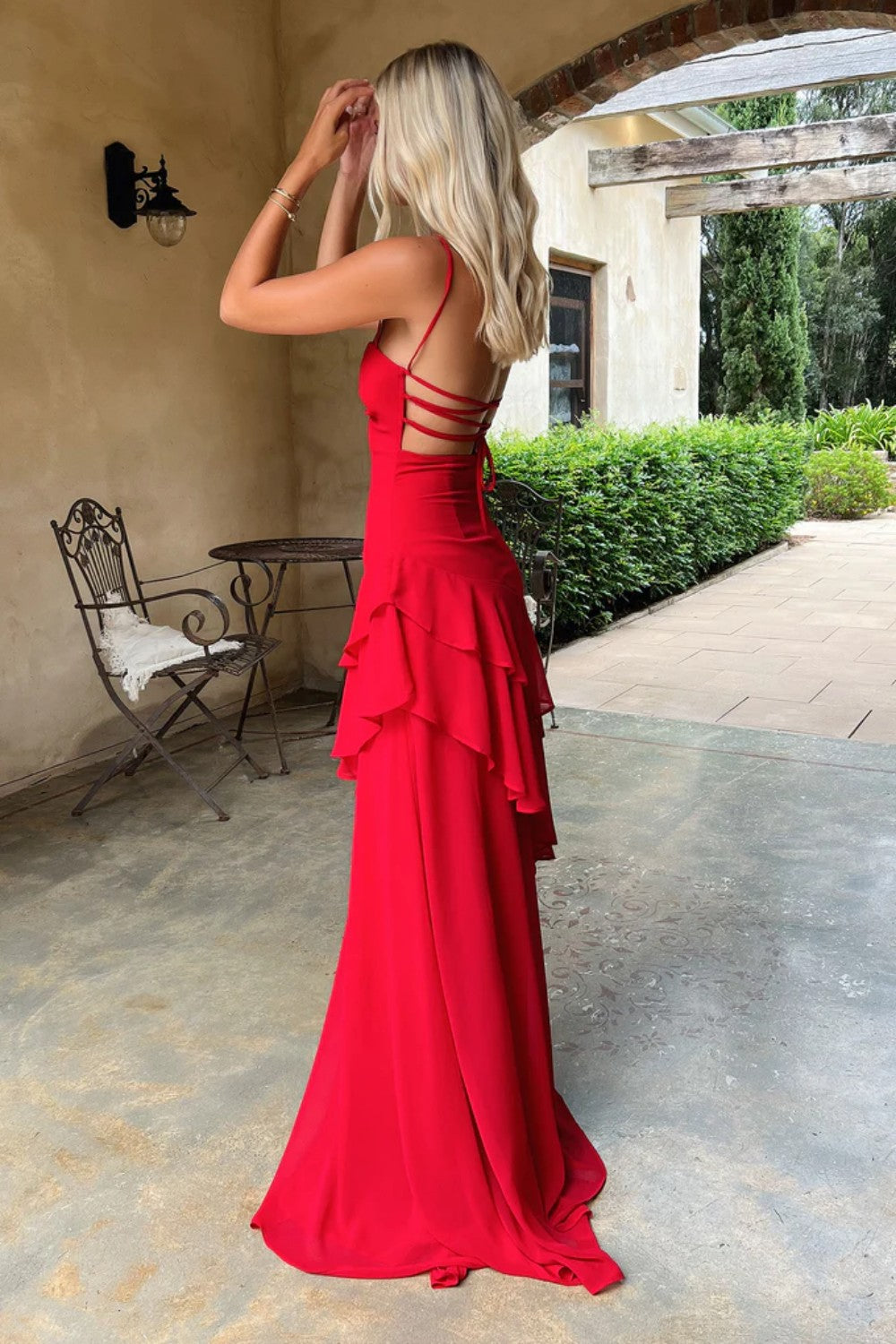Chic Red Spaghetti Straps Prom Dress with Asymmetrical Ruffle Detail