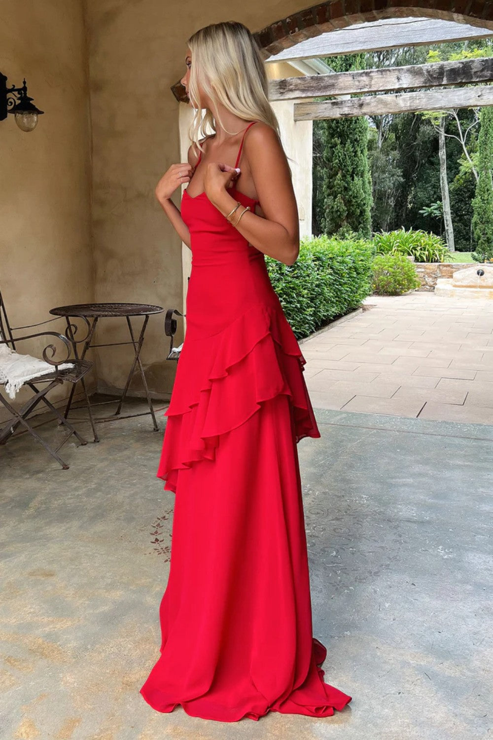 Chic Red Spaghetti Straps Prom Dress with Asymmetrical Ruffle Detail