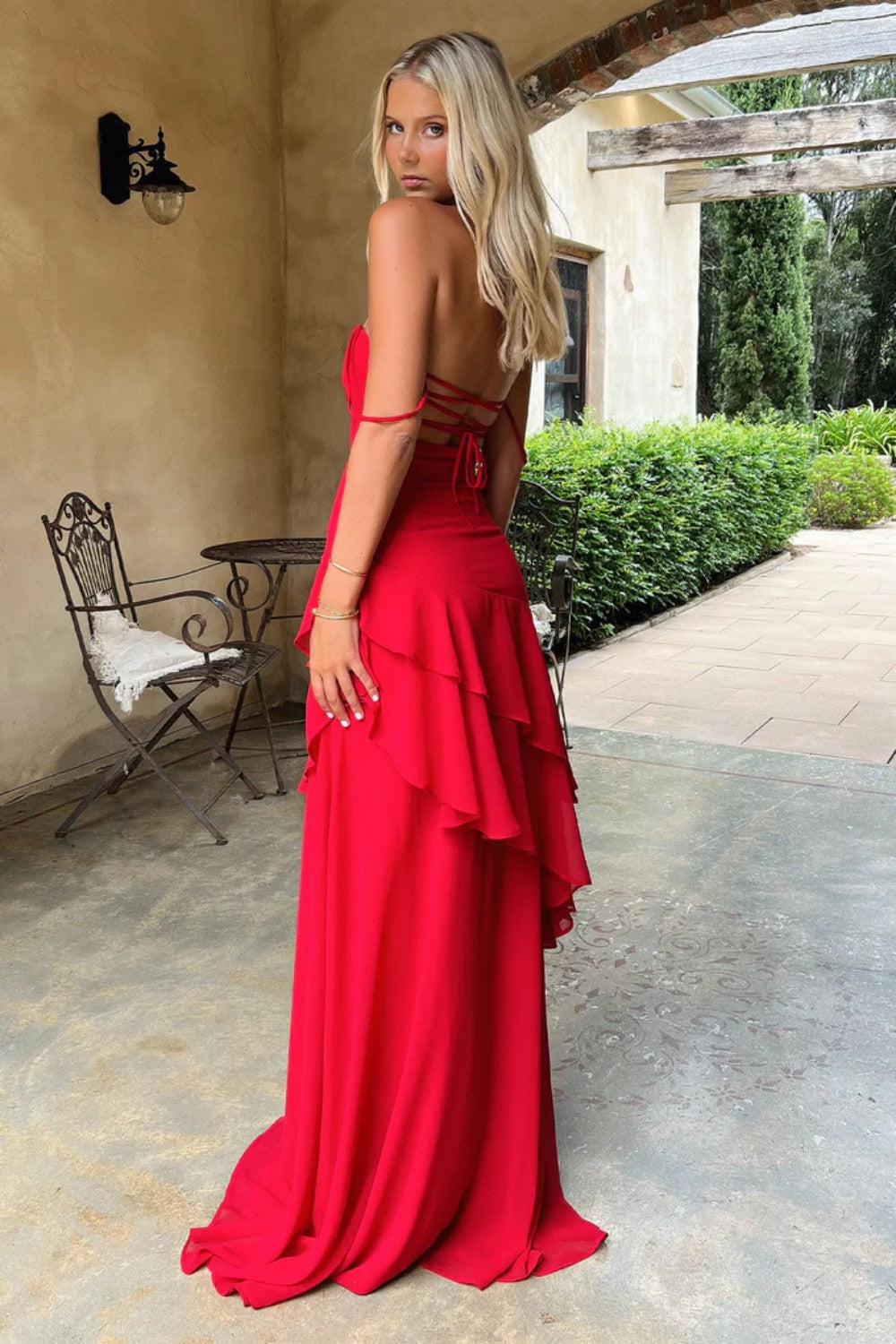 Chic Red Spaghetti Straps Prom Dress with Asymmetrical Ruffle Detail