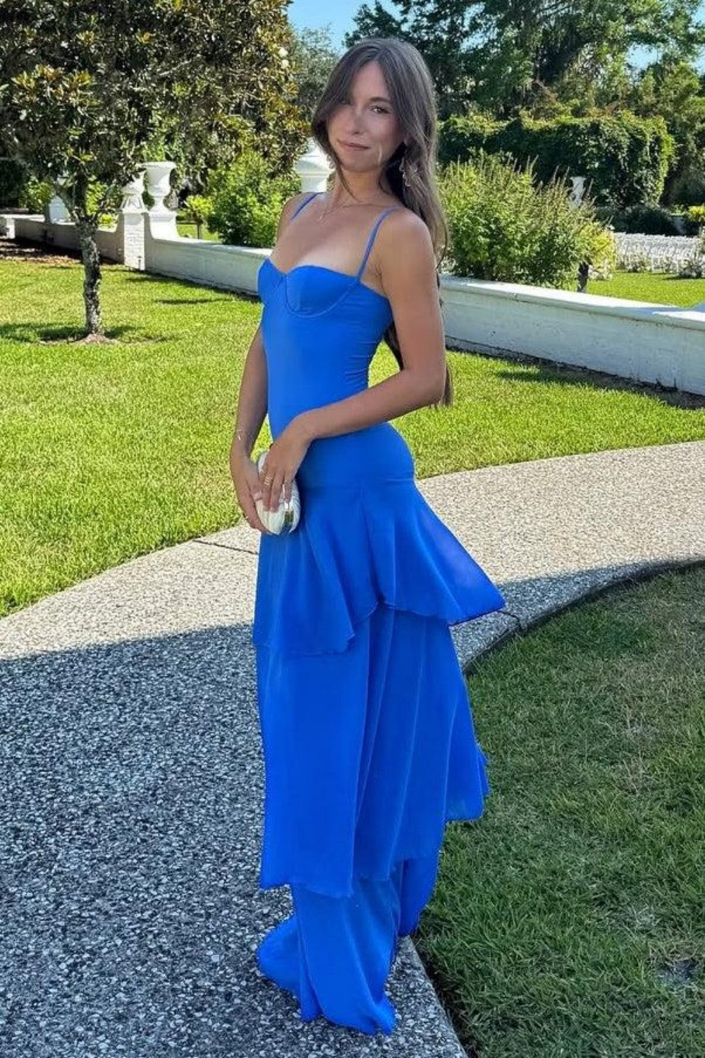 Chic Royal Blue Bodycon Spaghetti Straps Prom Dress with Ruffle Layers