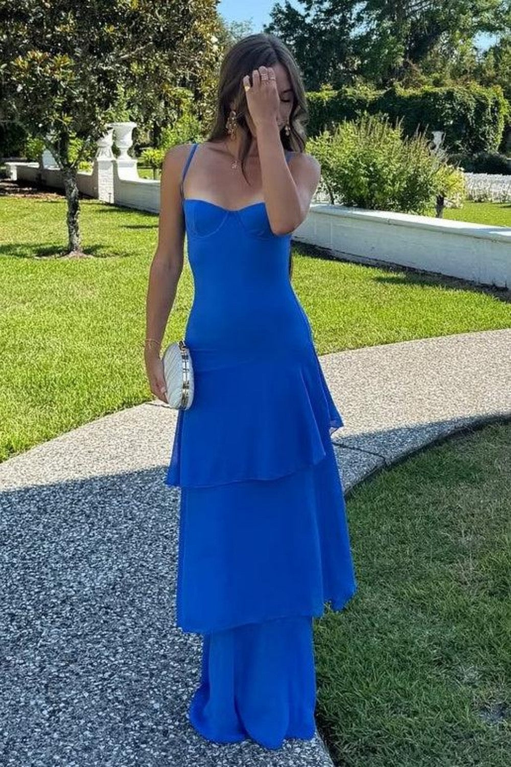 Chic Royal Blue Bodycon Spaghetti Straps Prom Dress with Ruffle Layers