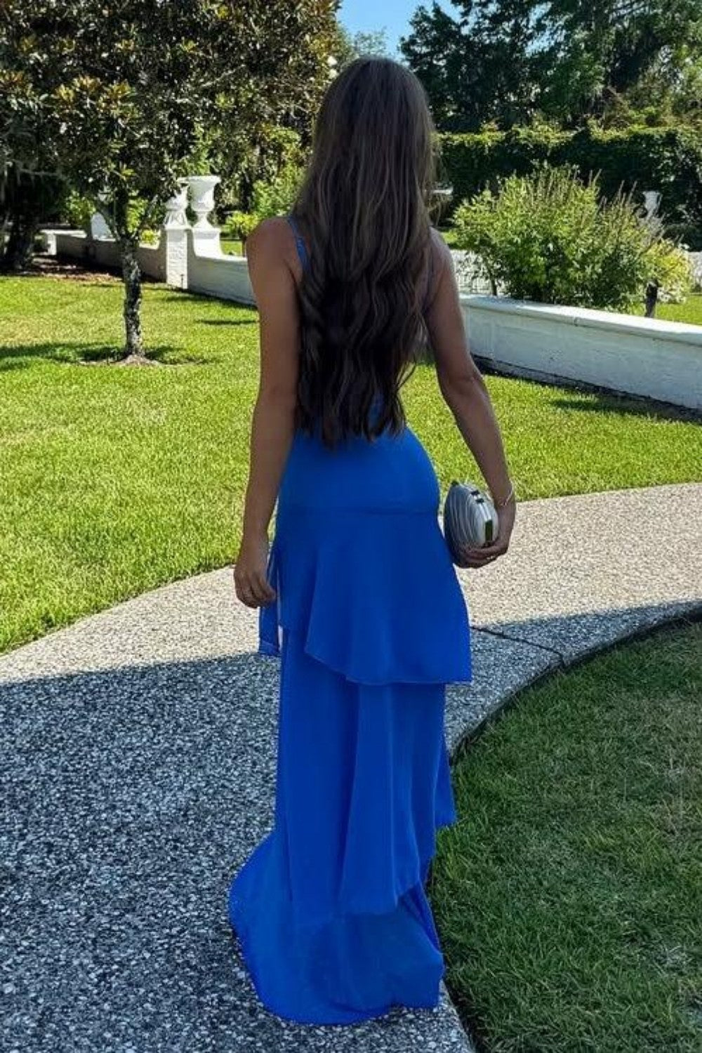 Chic Royal Blue Bodycon Spaghetti Straps Prom Dress with Ruffle Layers