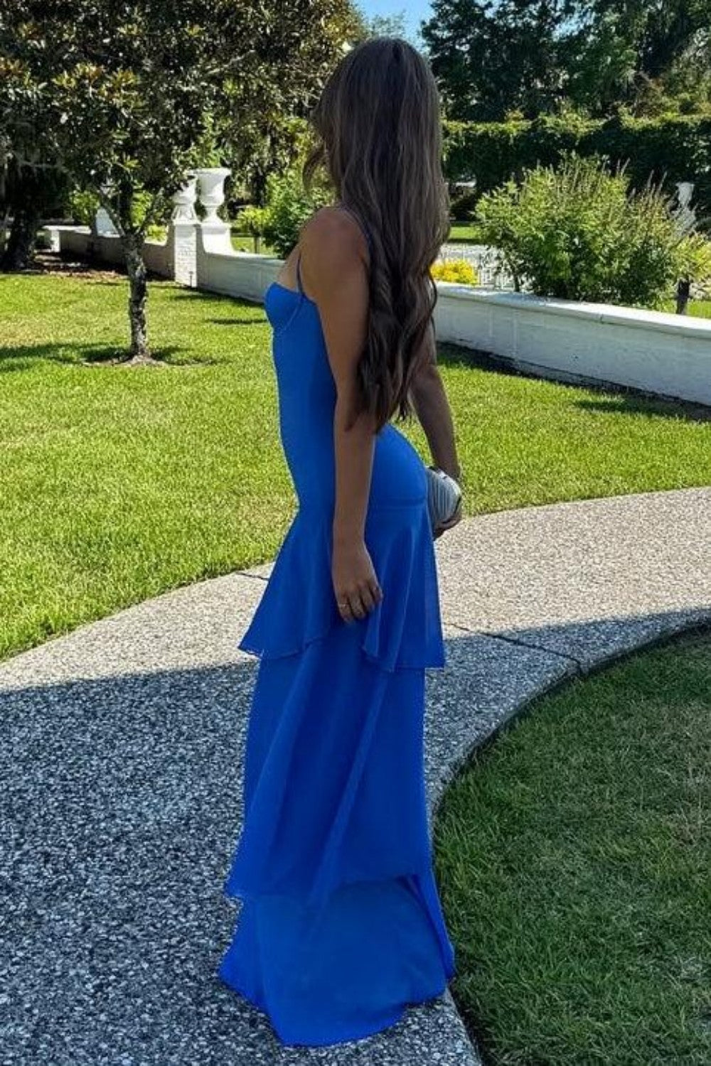 Chic Royal Blue Bodycon Spaghetti Straps Prom Dress with Ruffle Layers