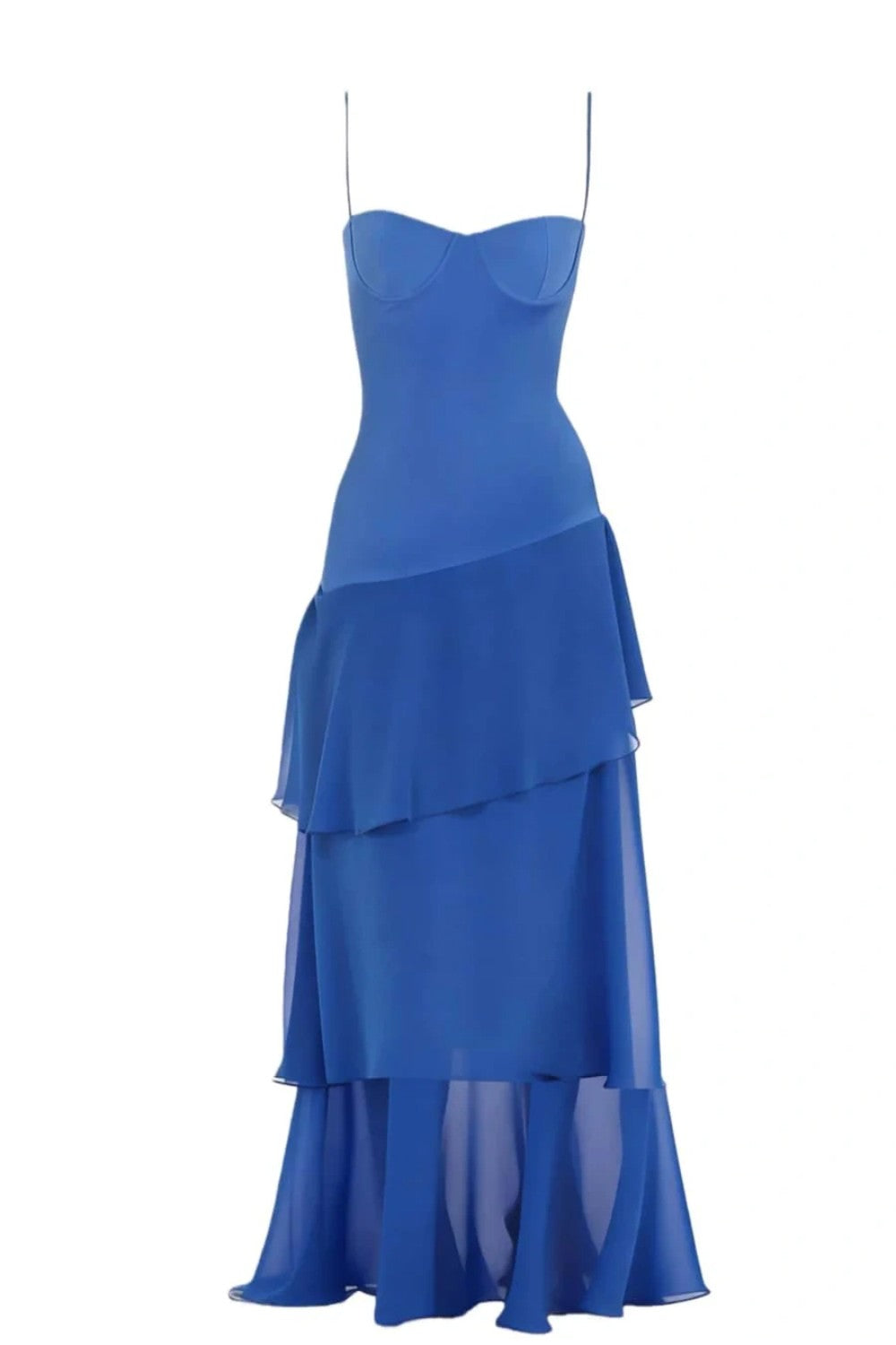 Chic Royal Blue Bodycon Spaghetti Straps Prom Dress with Ruffle Layers