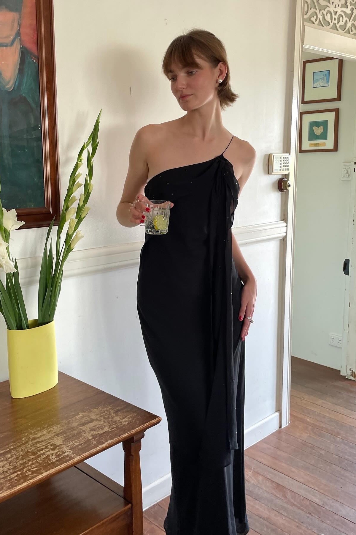 Chic Sheath One Shoulder Black Floor Length Party Dress with Ruffles