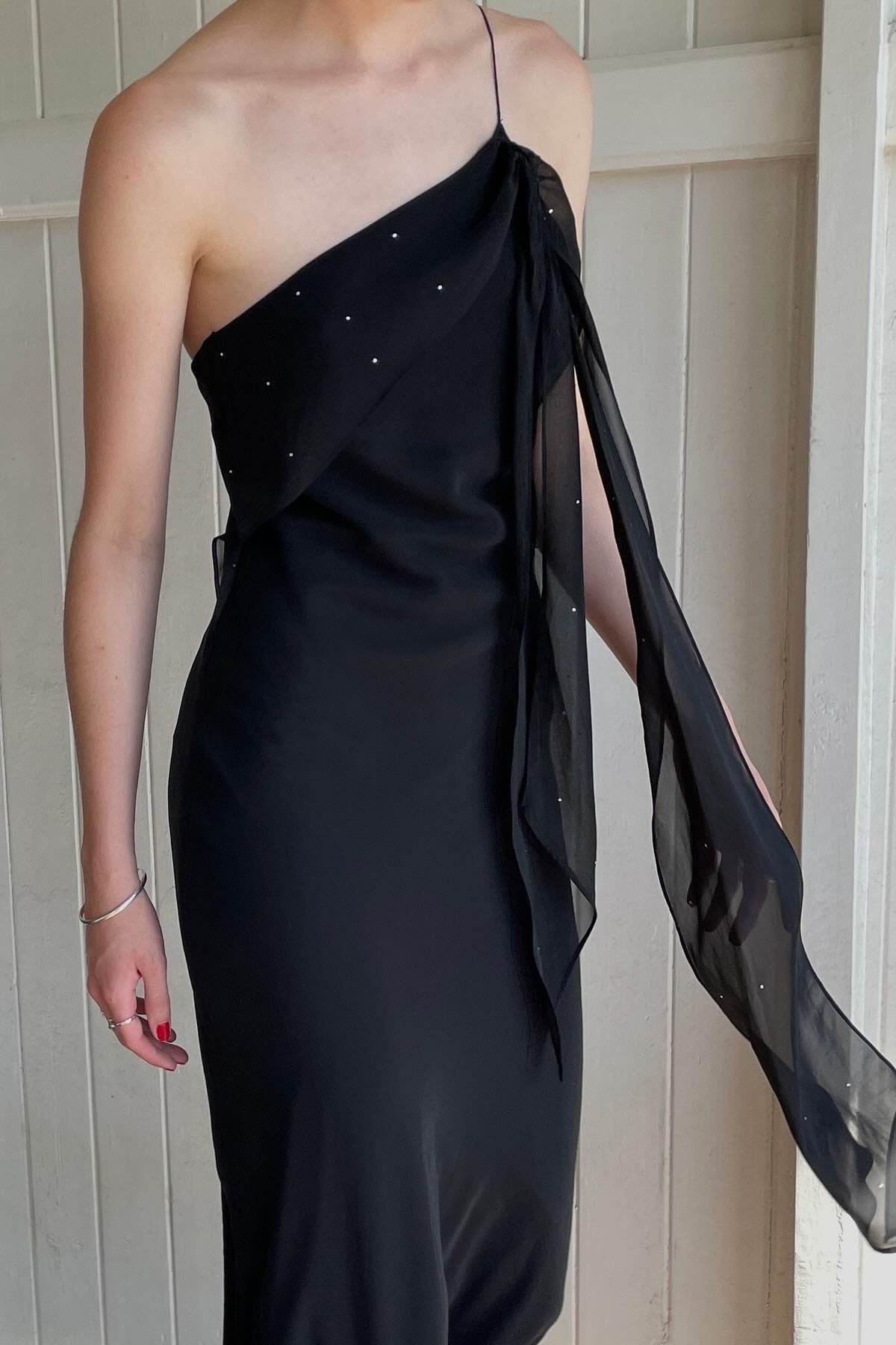 Chic Sheath One Shoulder Black Floor Length Party Dress with Ruffles