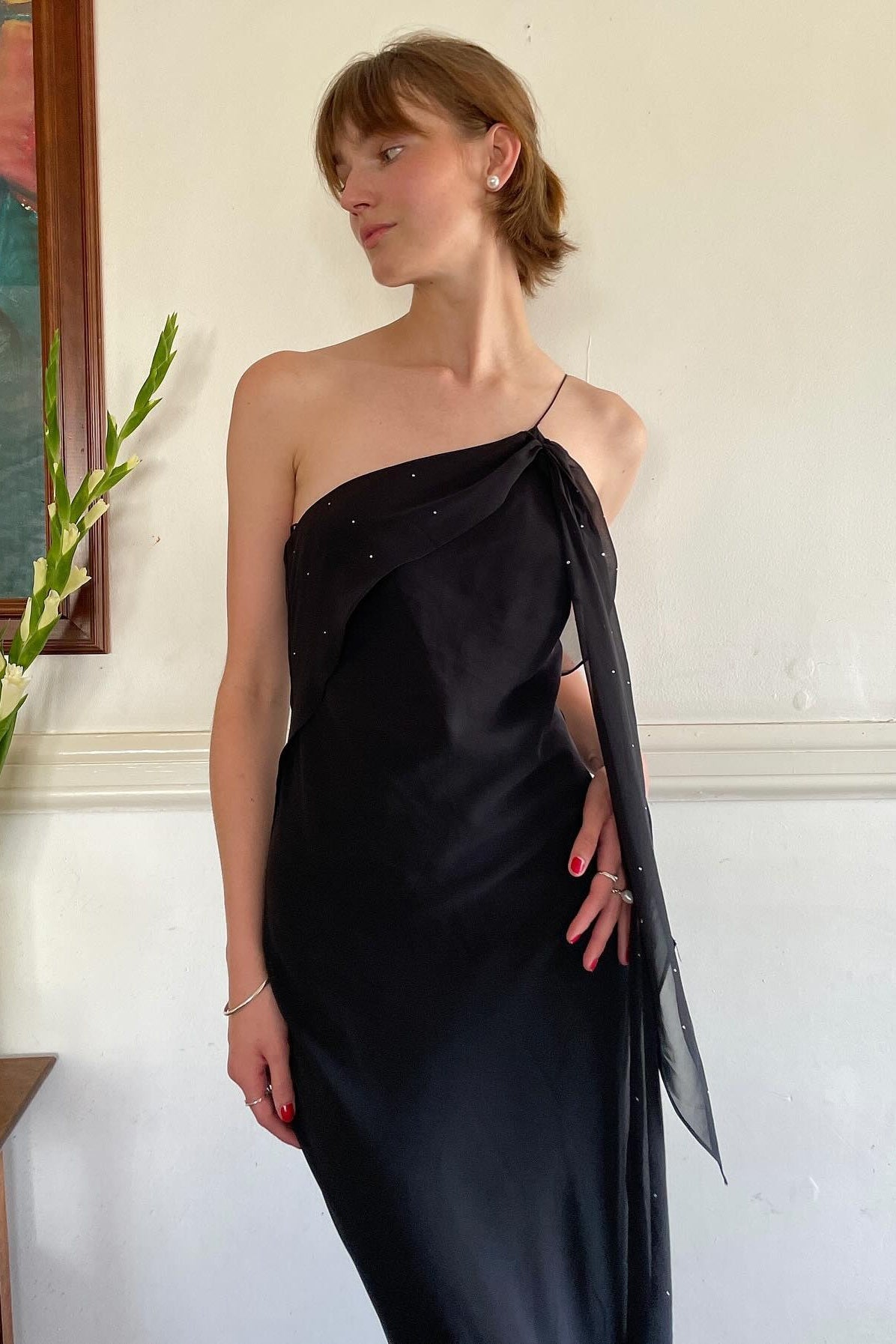 Chic Sheath One Shoulder Black Floor Length Party Dress with Ruffles