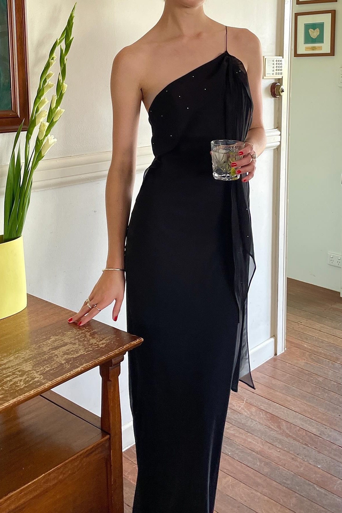 Chic Sheath One Shoulder Black Floor Length Party Dress with Ruffles